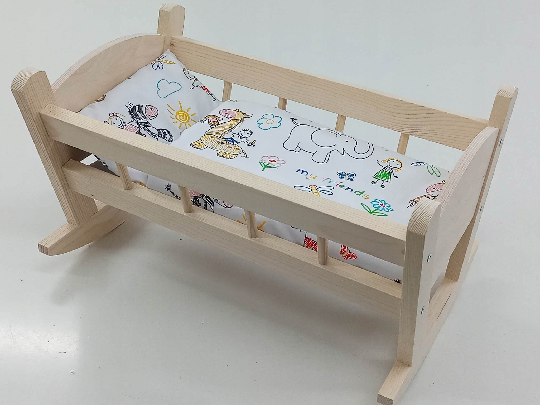 KOŁYSKA DREWNIANA dla lalek NIEMALOWANA + POŚCIEL