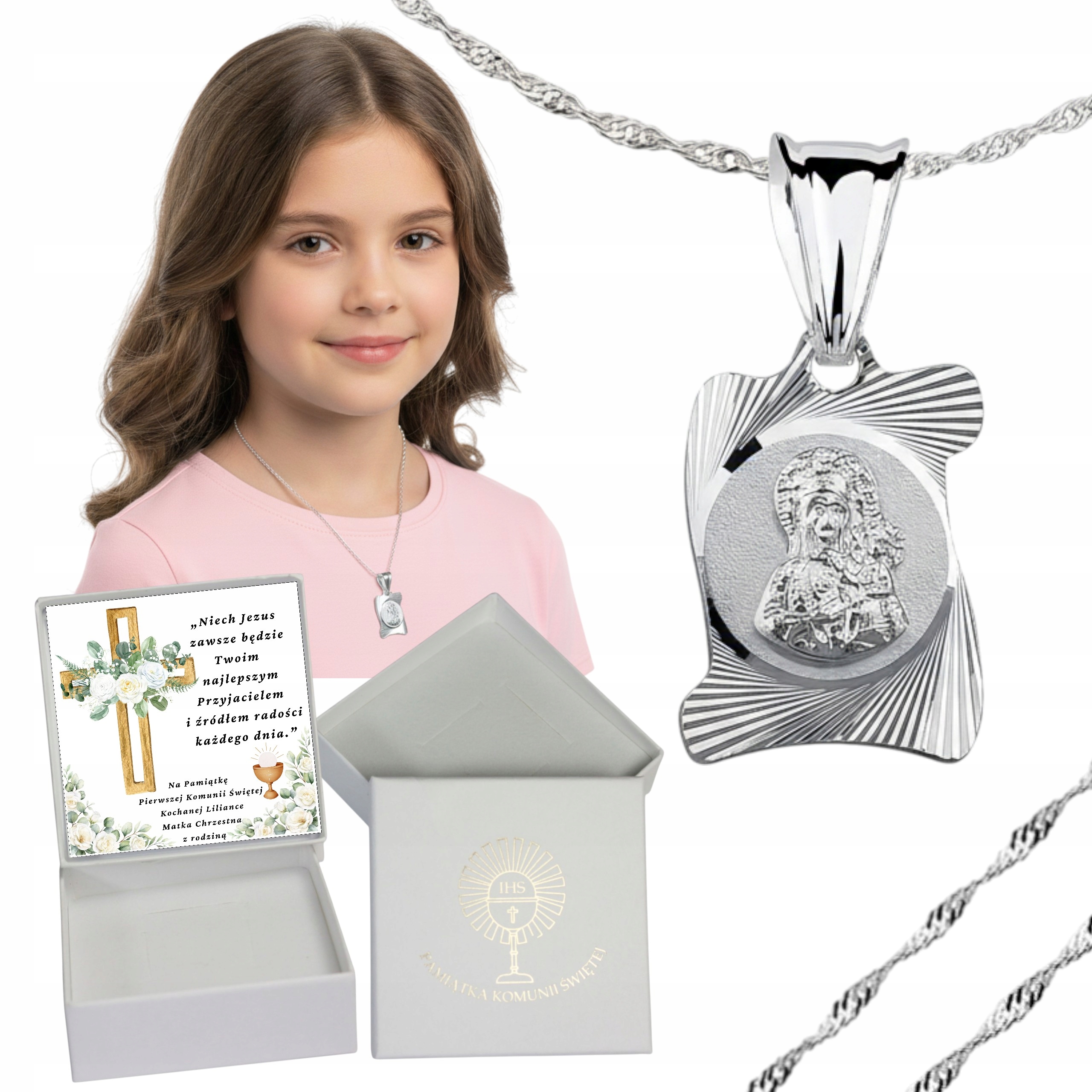 Stříbrný Řetízek medailon K Prvnímu Svatému Přijímání , suvenýr k zasvěcení Matka Boží