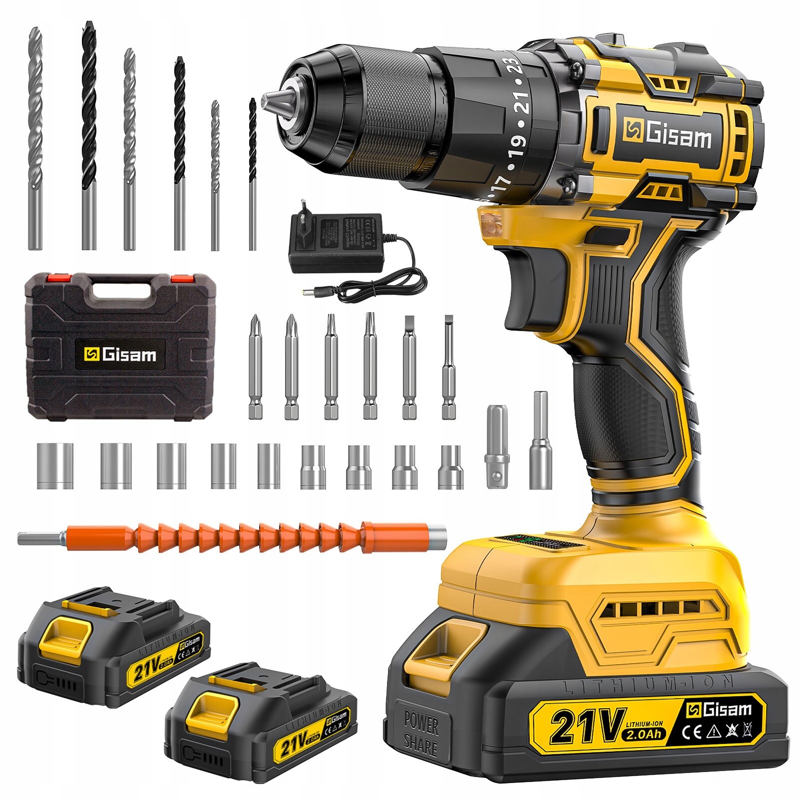 Zestaw bezszczotkowej wiertarki udarowej/wkrętarki 21V 2 baterie wiertła Case