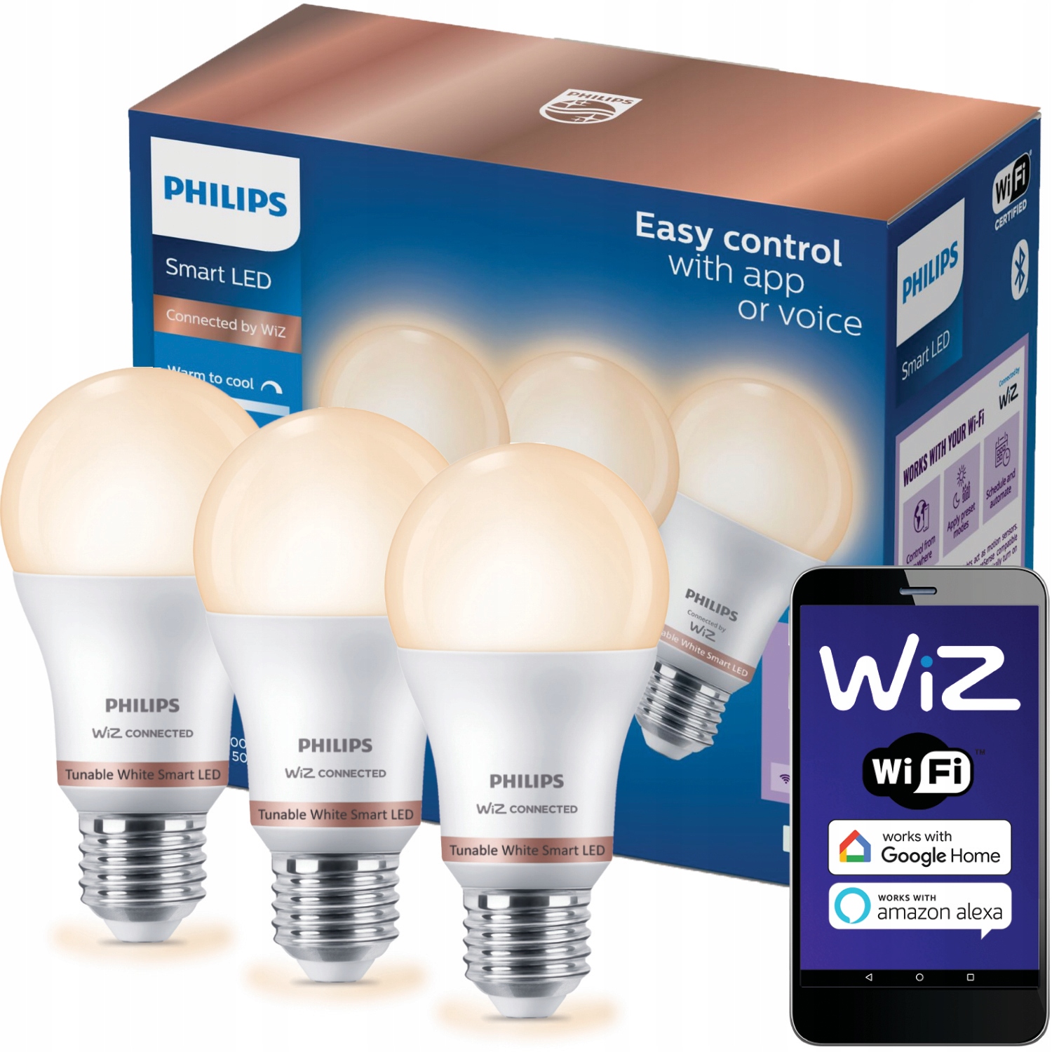 3x Led žárovka E27 8W 60W 2700-6500K Smart WiFi Philips Aplikace WiZ