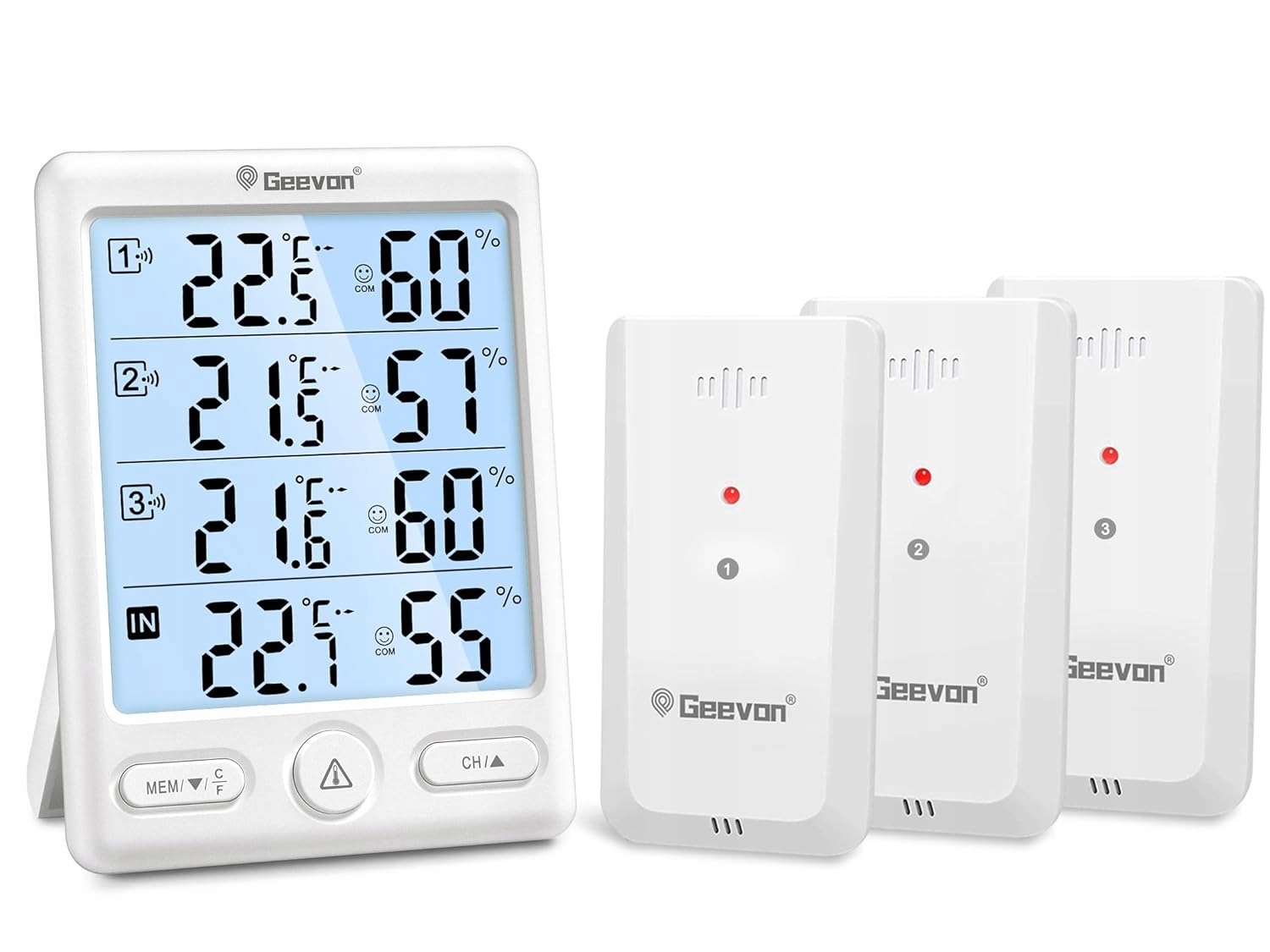Geevon Bezdrátový teploměr 3 senzory 60 m LCD alarm 200FT bílý