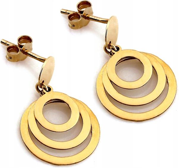 Náušnice zlaté 585 závěsné tři obruče na tyči šroubky dárek ažur