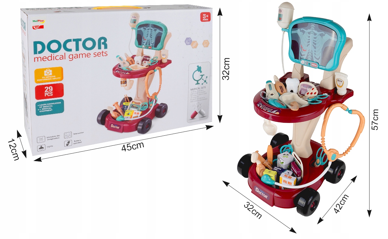 ZESTAW MAŁEGO LEKARZA MAŁY DOKTOR WÓZEK LEKARSKI 29 EL. RENTGEN DLA DZIECI Kolor wielokolorowy