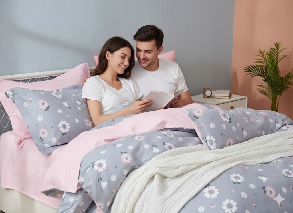 3dílná sada povlaků na peřinu a polštář, 100% bavlna, růžovošedý květinový vzor, 180×200 cm