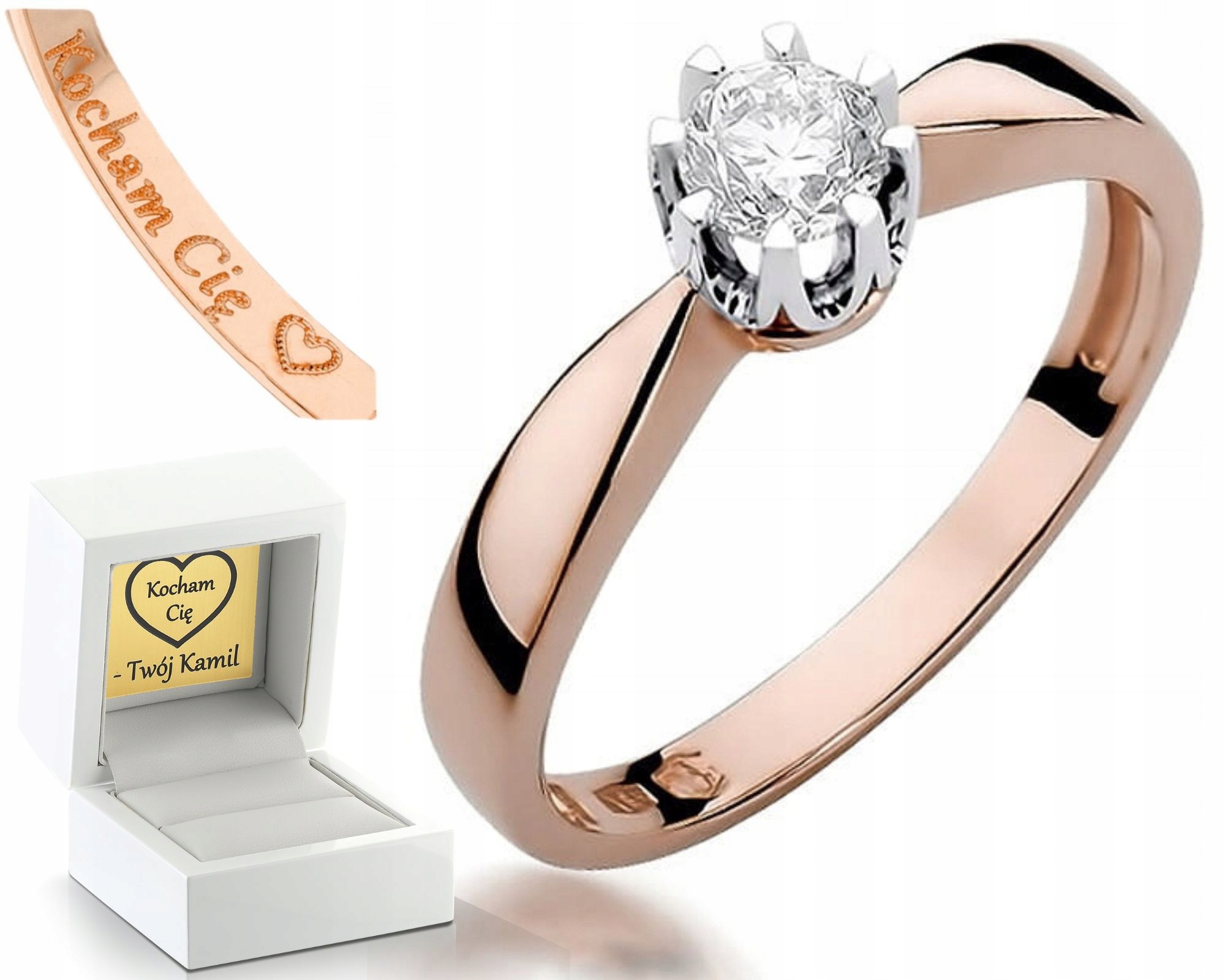 Růžové Zlato Zlatý Prstýnek Na Zásnuby Diamant Gravírování 585 Dárek