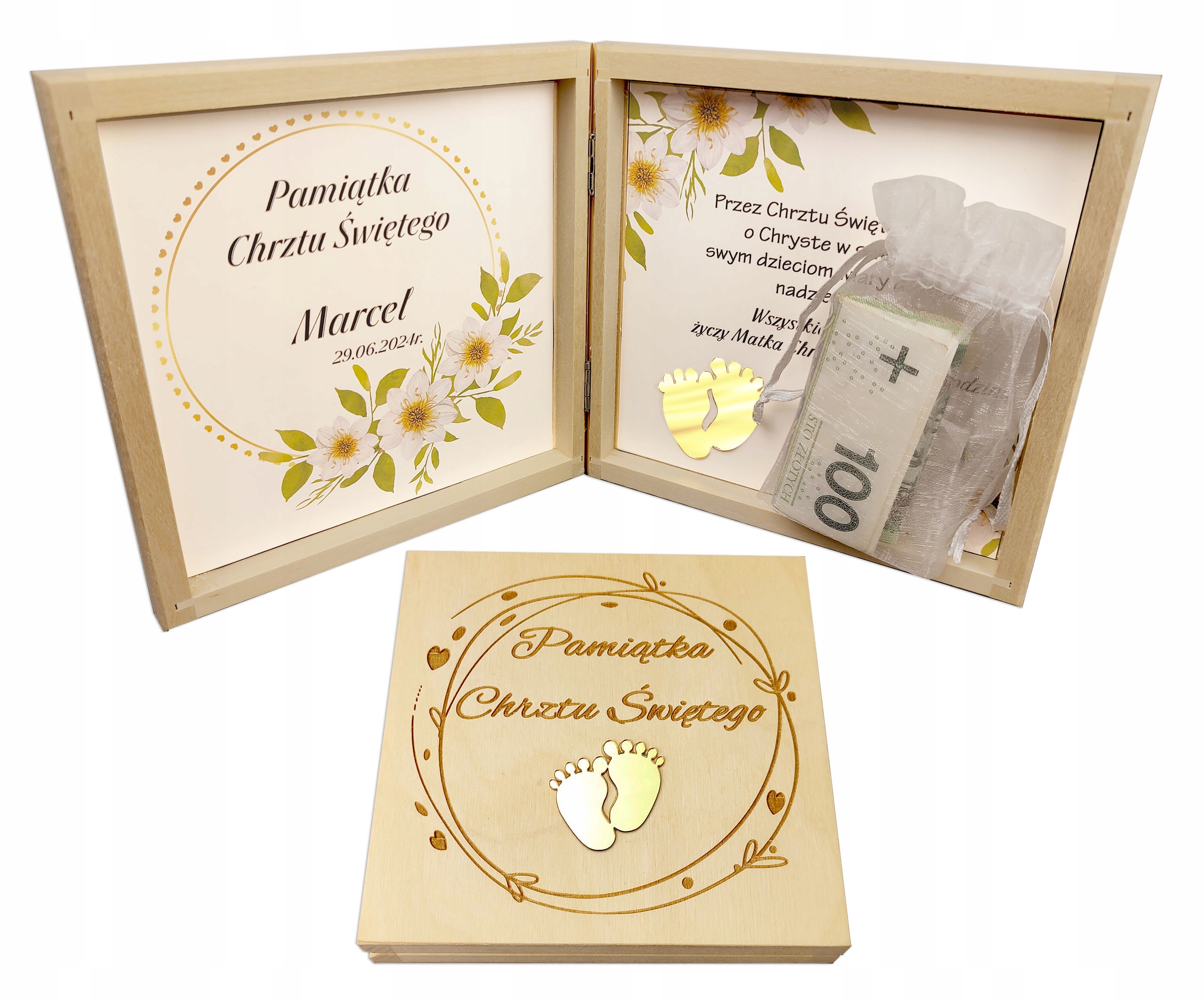 PREZENT NA CHRZEST ŚWIĘTY PAMIĄTKA PUDEŁKO Z GRAWEREM NA PIENIĄDZE CHRZCINY