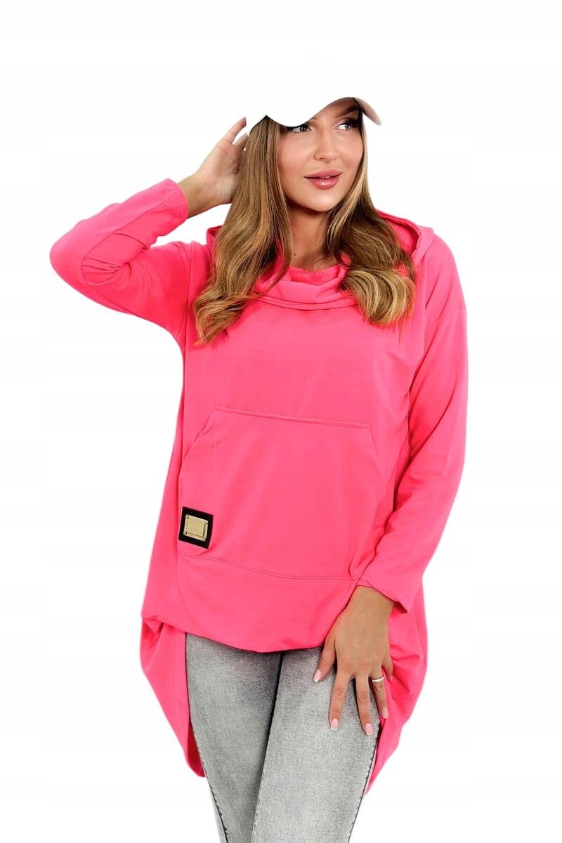 Mikina s dlouhým zadním dílem a kapucí, růžový neon