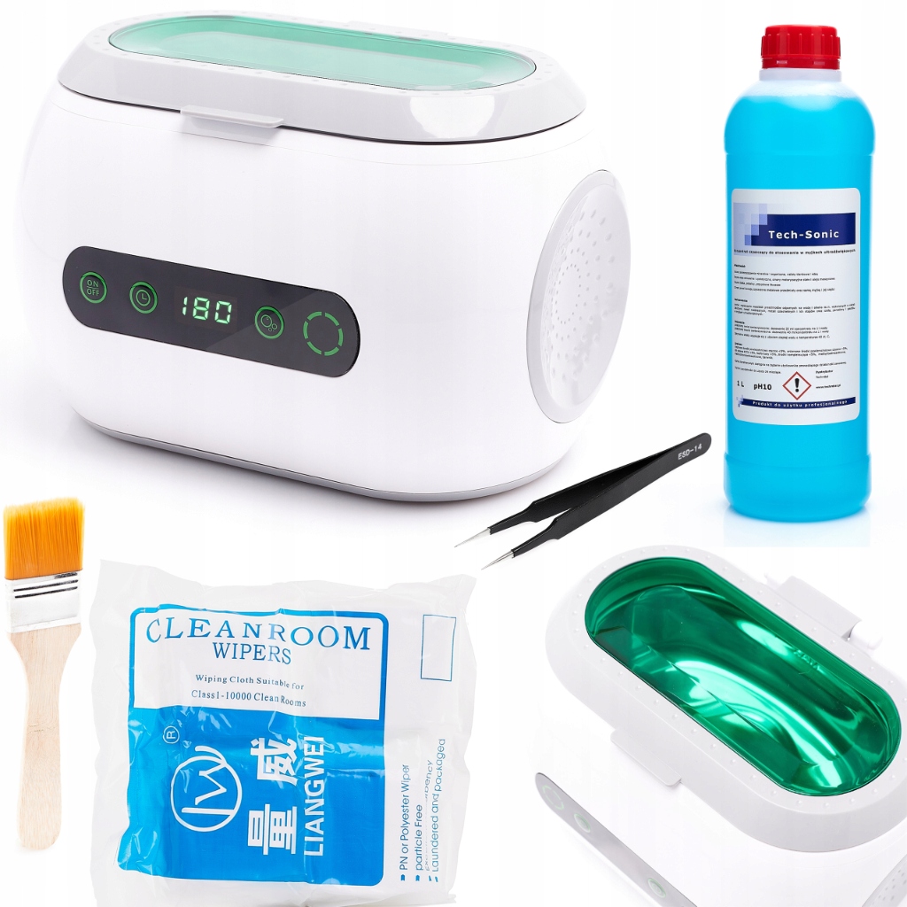 Set Ultrazvuková Myčka Vana Koncentrát Tekutina 1L Utěrky Akcesoria