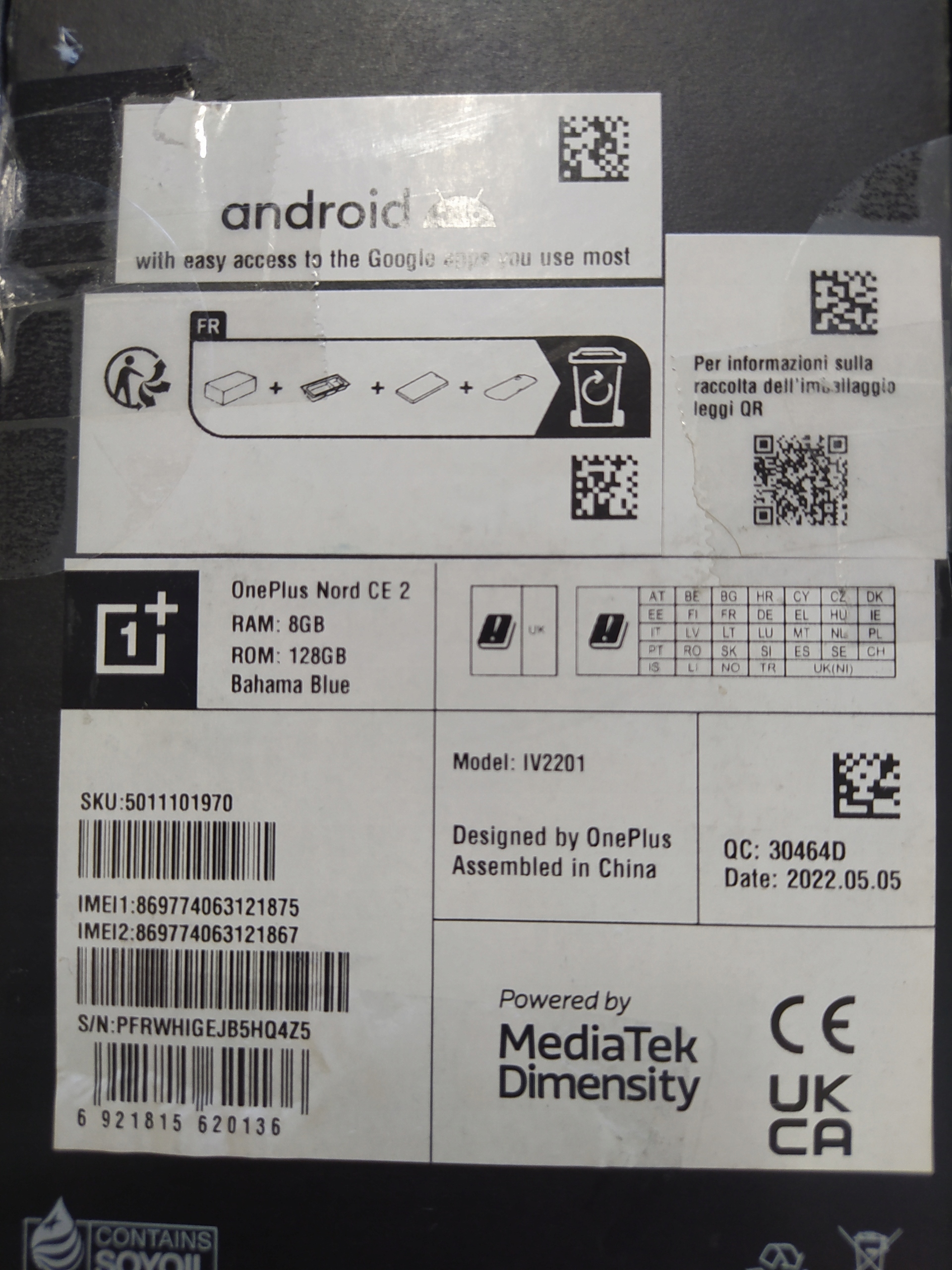 Smartfon OnePlus Nord CE 8/128 GB niebieski Ładowarka w komplecie tak