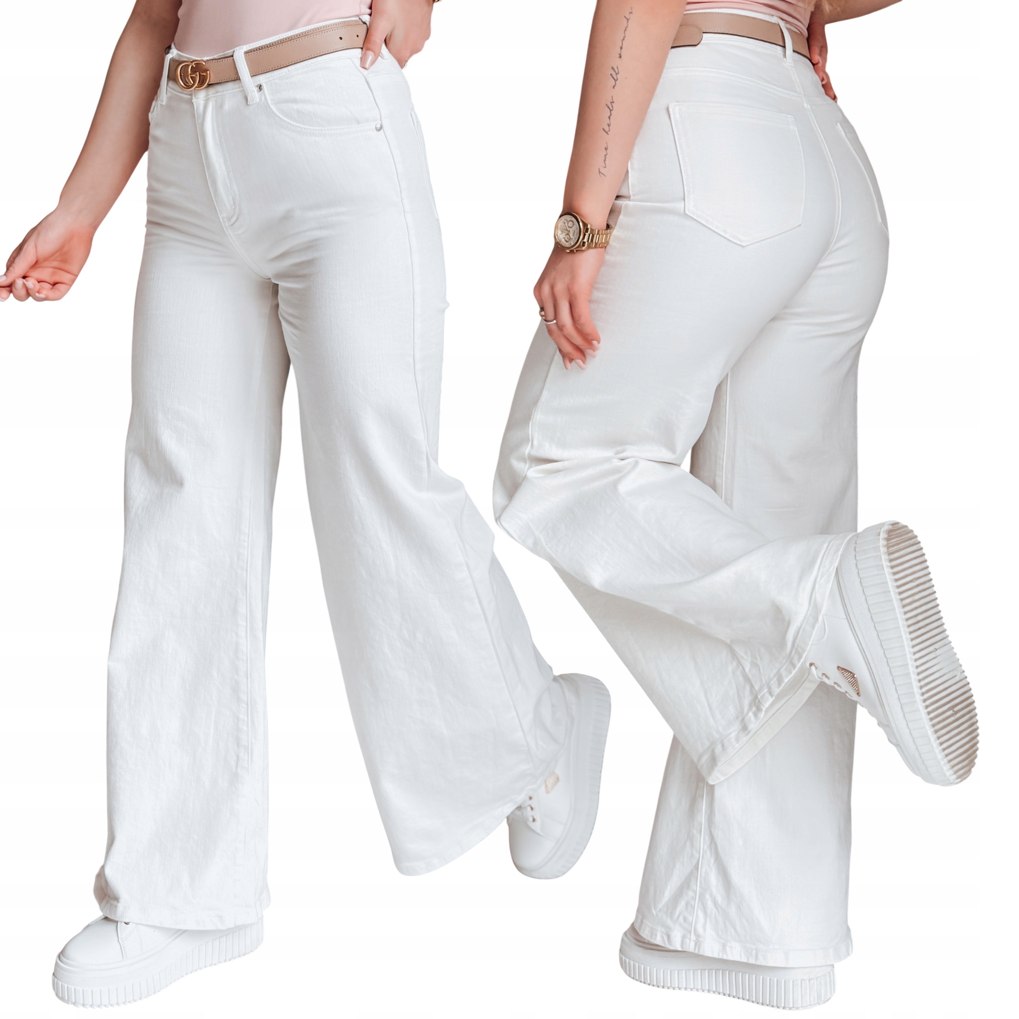 Spodnie damskie wide z średnim stanem leg białe UY2676 Xs