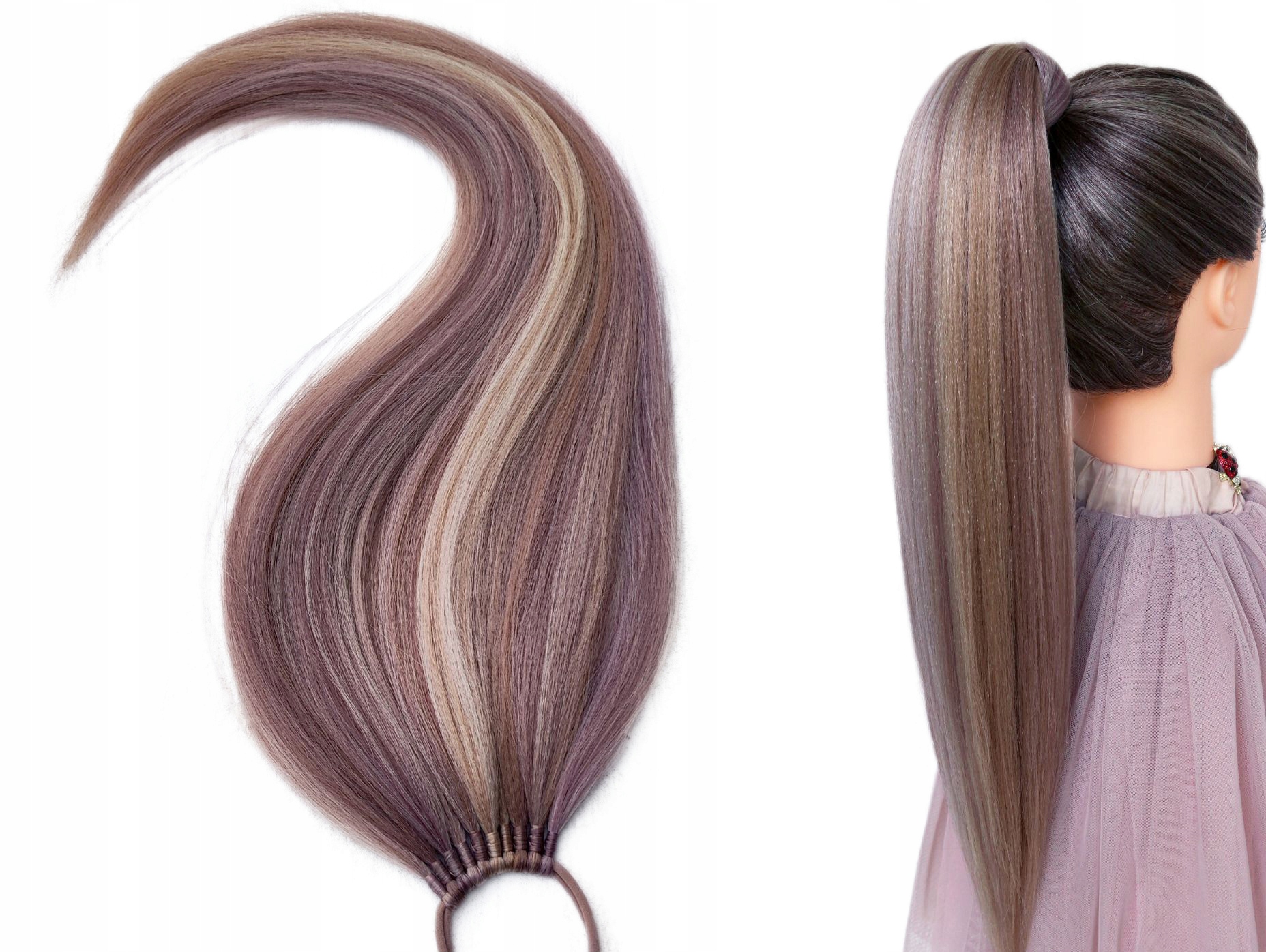 Připínací poník na gumičce, Příčesek, fialová blond, Vřesová Blondýnka, 60 cm