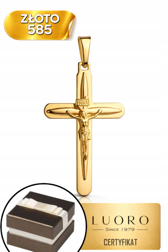 Zlatý Křížek 585 14K S Ježíšem, Konvexní, 3,4 CM, Žluté Zlato, Elegantní