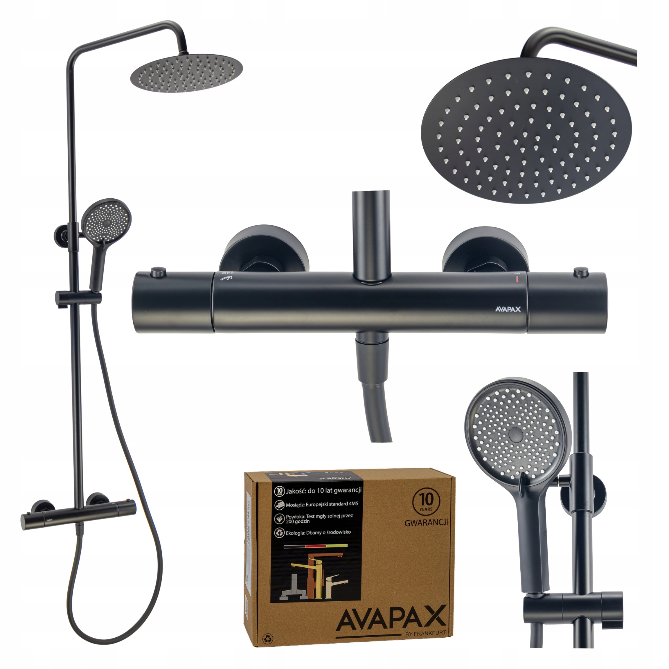 Černá sprchová sloupová sada Slim s dešťovou sprchou a termostatem Avapax