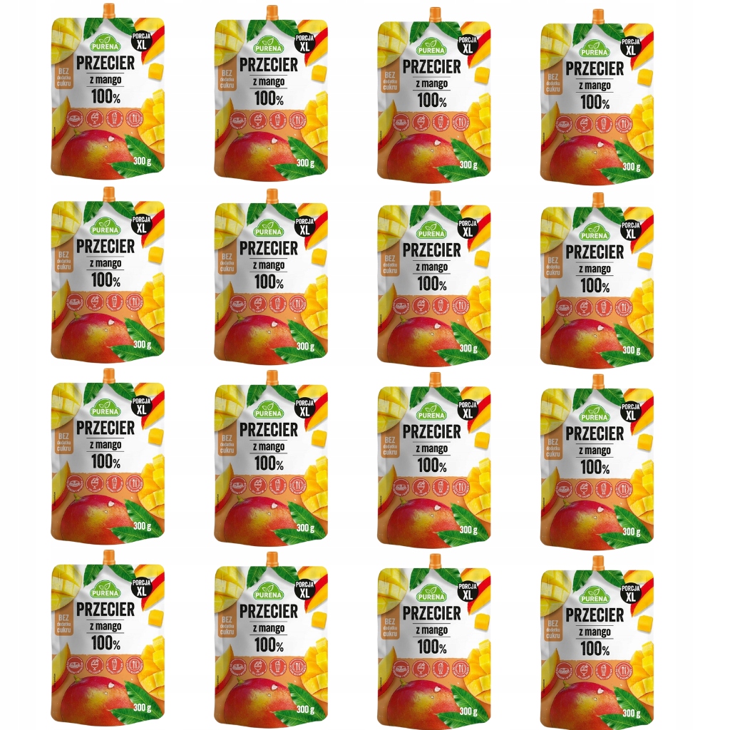 Levně Set 16 x Mangové pyré 100% 300g Purena Ovocná Pěna bez přidaného Cukru