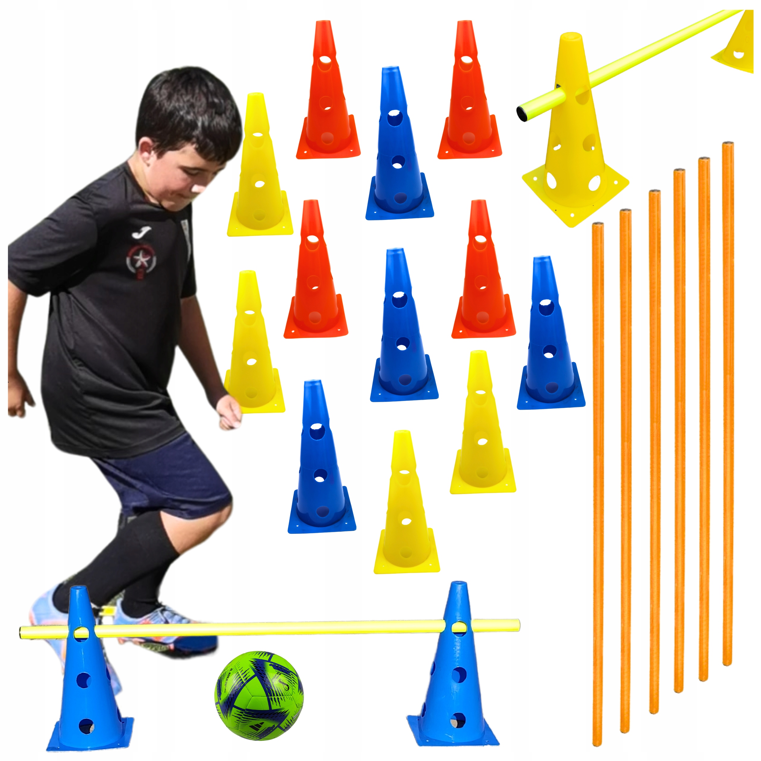 18w1 set Koordynacyjny Treningowy 12 pachołków 32cm z otworami +6 tyczek 1m