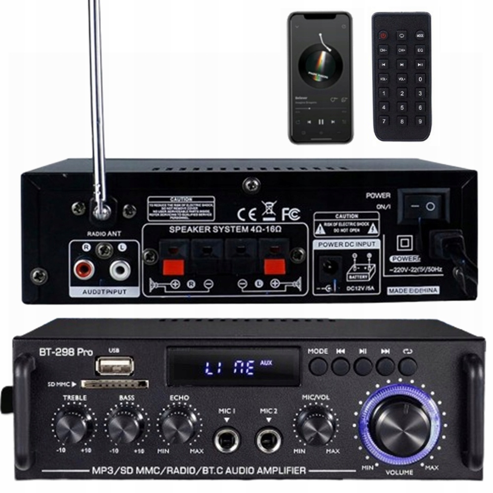 2KANÁLOVÝ Audio Zesilovač Bluetooth Fm Rádio Usb Sd Aux Dálkové Ovládání Karaoke