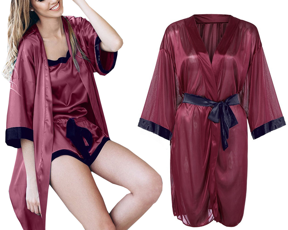 SATYNOWY SZLAFROK DAMSKI KOMPLET PODOMKA + STRINGI