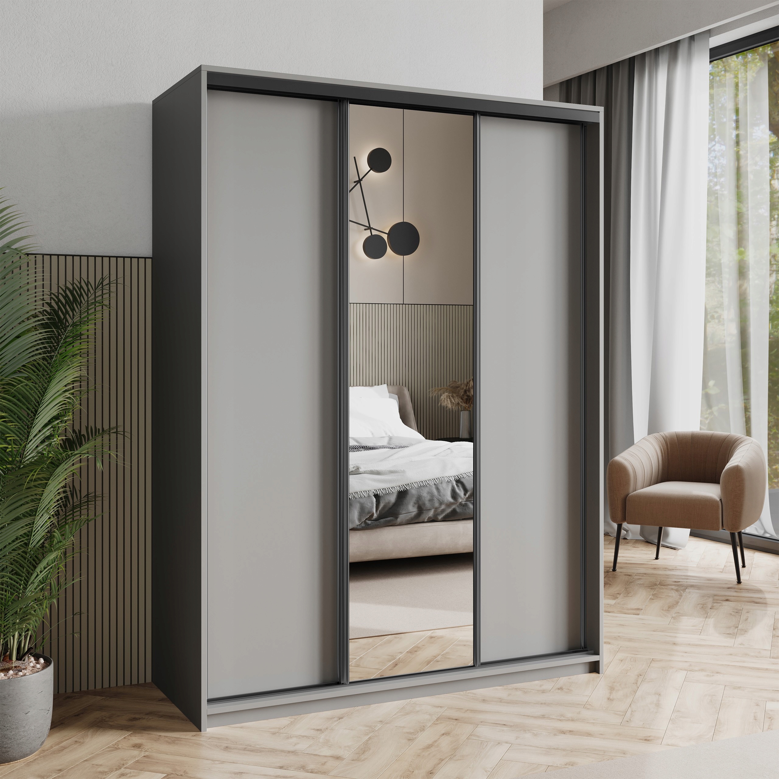 Skříň posuvná skříň Tavi 150 cm se zrcadlem Zásuvky Grafit Černá