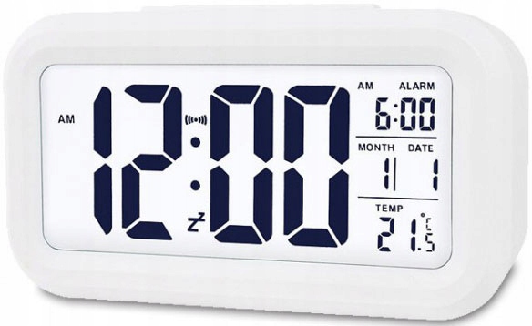 BUDZIK ELEKTRONICZNY LCD BIAŁY CYFROWY TERMOMETR Stan opakowania oryginalne