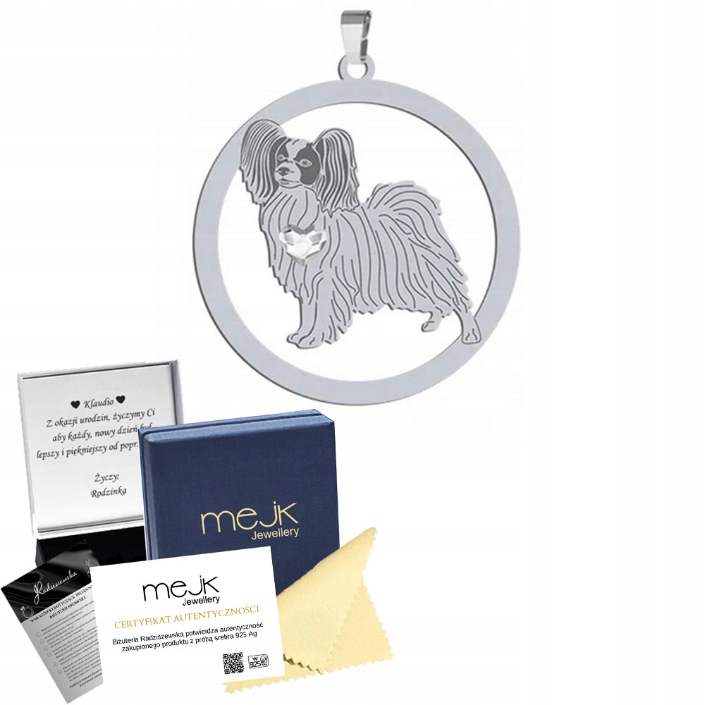 Stříbrný přívěsek s psem Papillon 925 Žena Šperky Dárek Gravírování