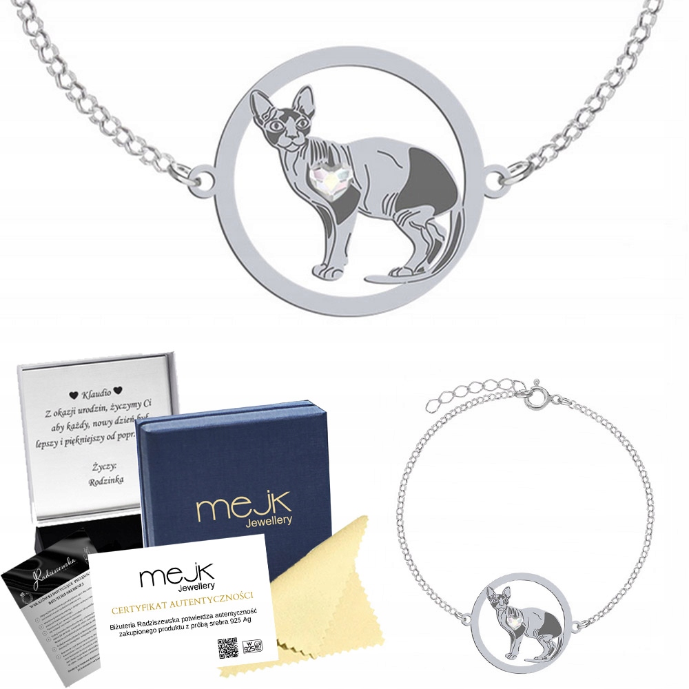 Stříbrný náramek s kočkou Sphynx 925 Šperky Dárek Žena Gravírování