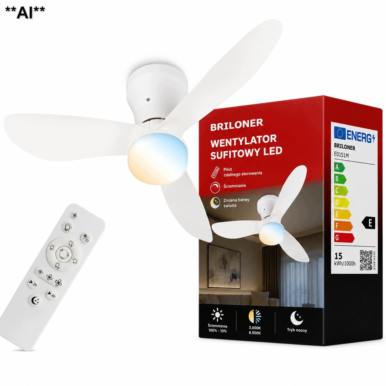 stropní svítidlo Led s ventilátorem 15W dálkový ovladač s proměnnou barvou a větrným mlýnem 78 cm
