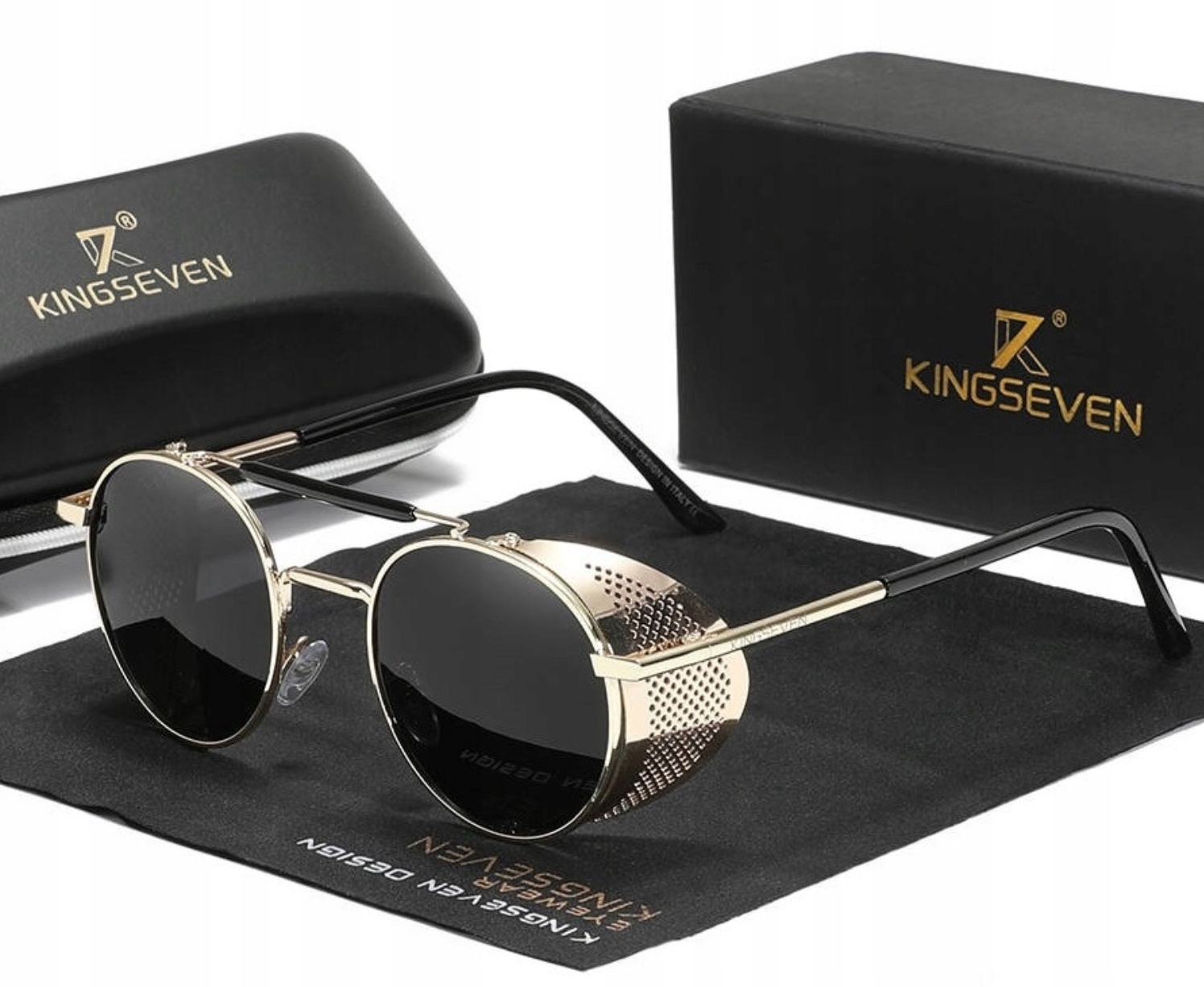 OKULARY PRZECIWSŁONECZNE KINGSEVEN STEAMPUNK LENONKI OKRĄGŁE RETRO ZŁOTE