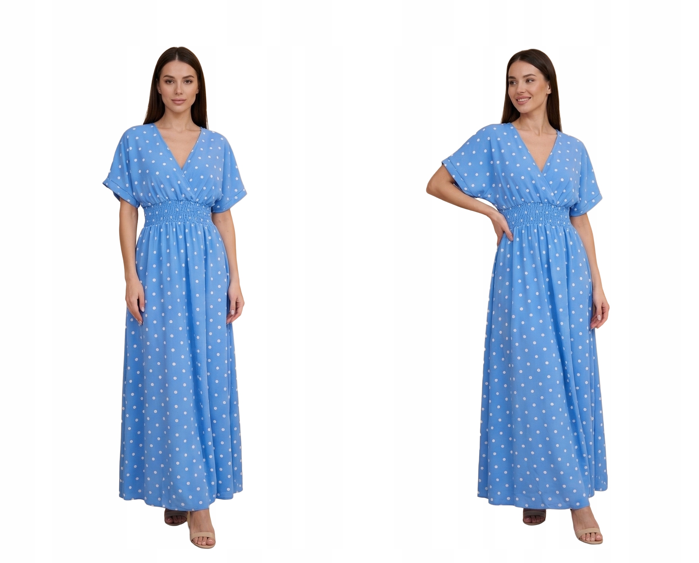 Sukienka Maxi Letnia w Groszki Kropki Dekolt Woda Gumka w Pasie Niebieska U