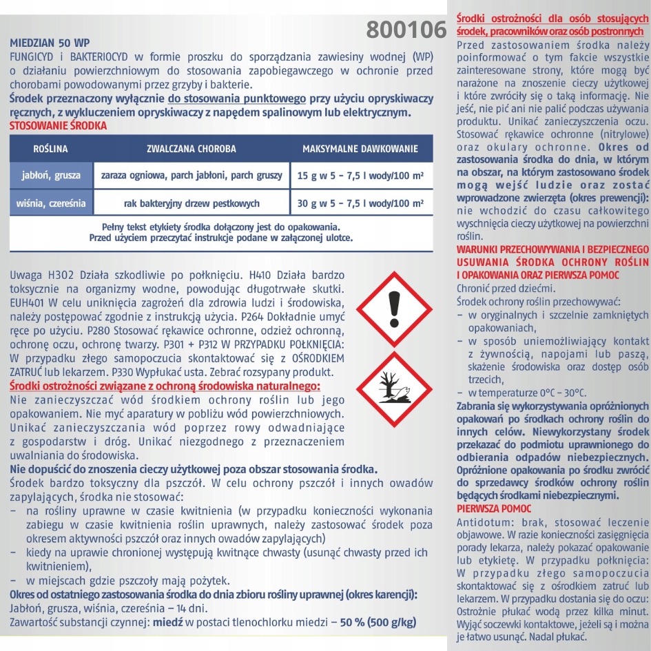 Środek Grzybobójczy Zwalcza Choroby Grzybowe i Bakteryjne Miedzian 50 WP x6 Kod producenta 800350