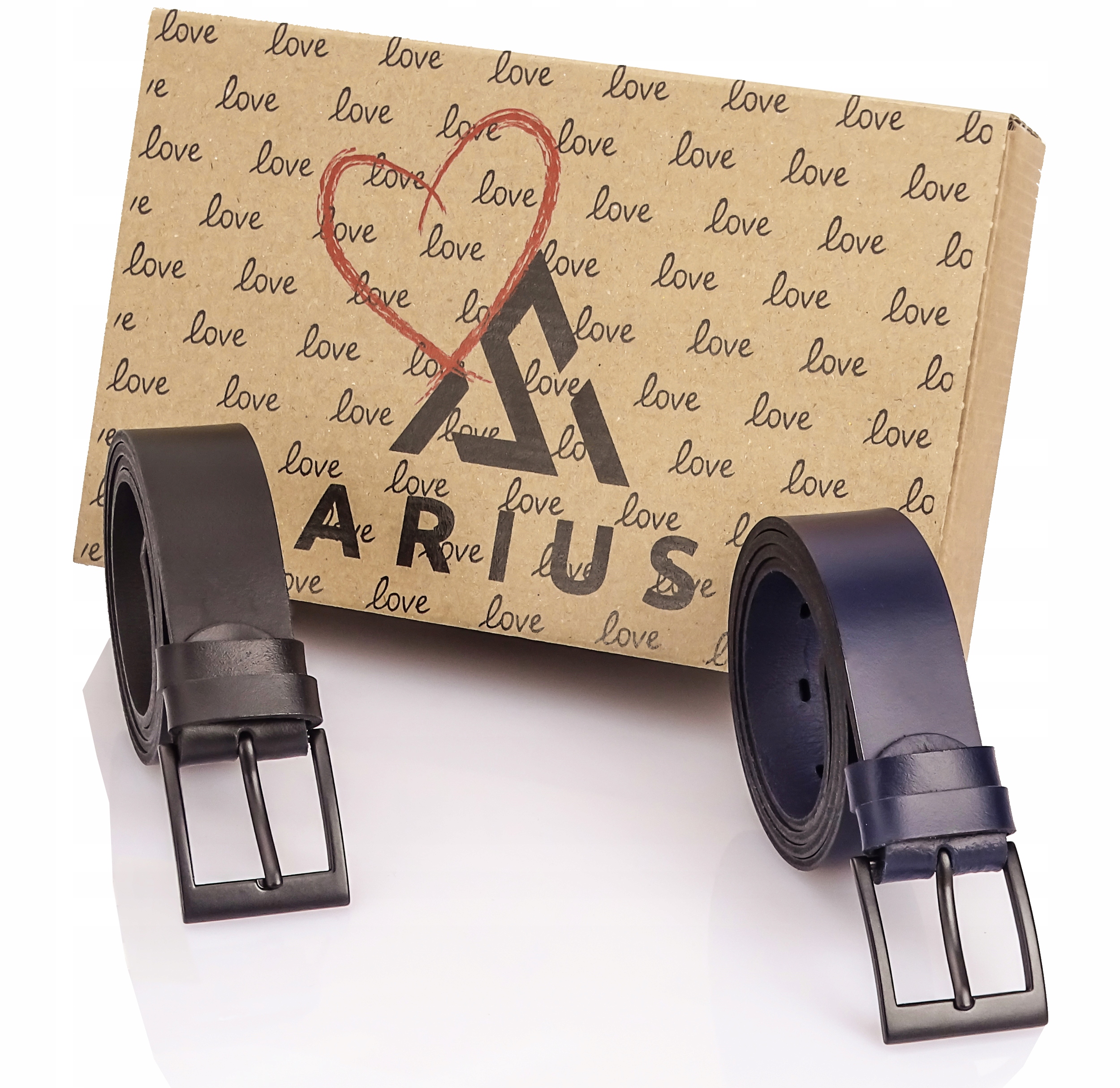 2 Pásky Pánské Kožené Arius kalhoty Černá Tmavě modrá Krabička Srdce Dárek