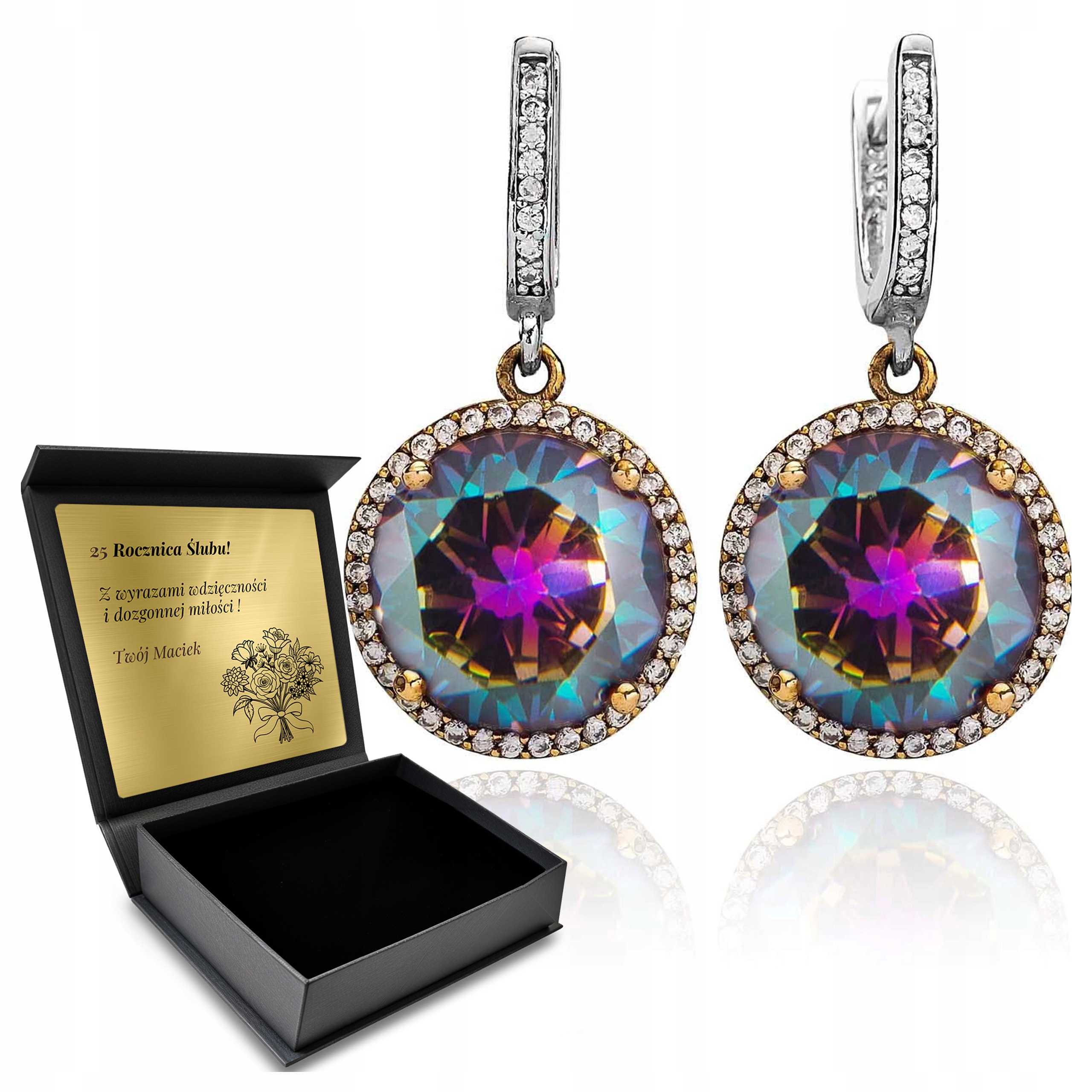 Stříbrné Náušnice 925 S Zirkony A Mystickým Topazem pro ženy Gravírování