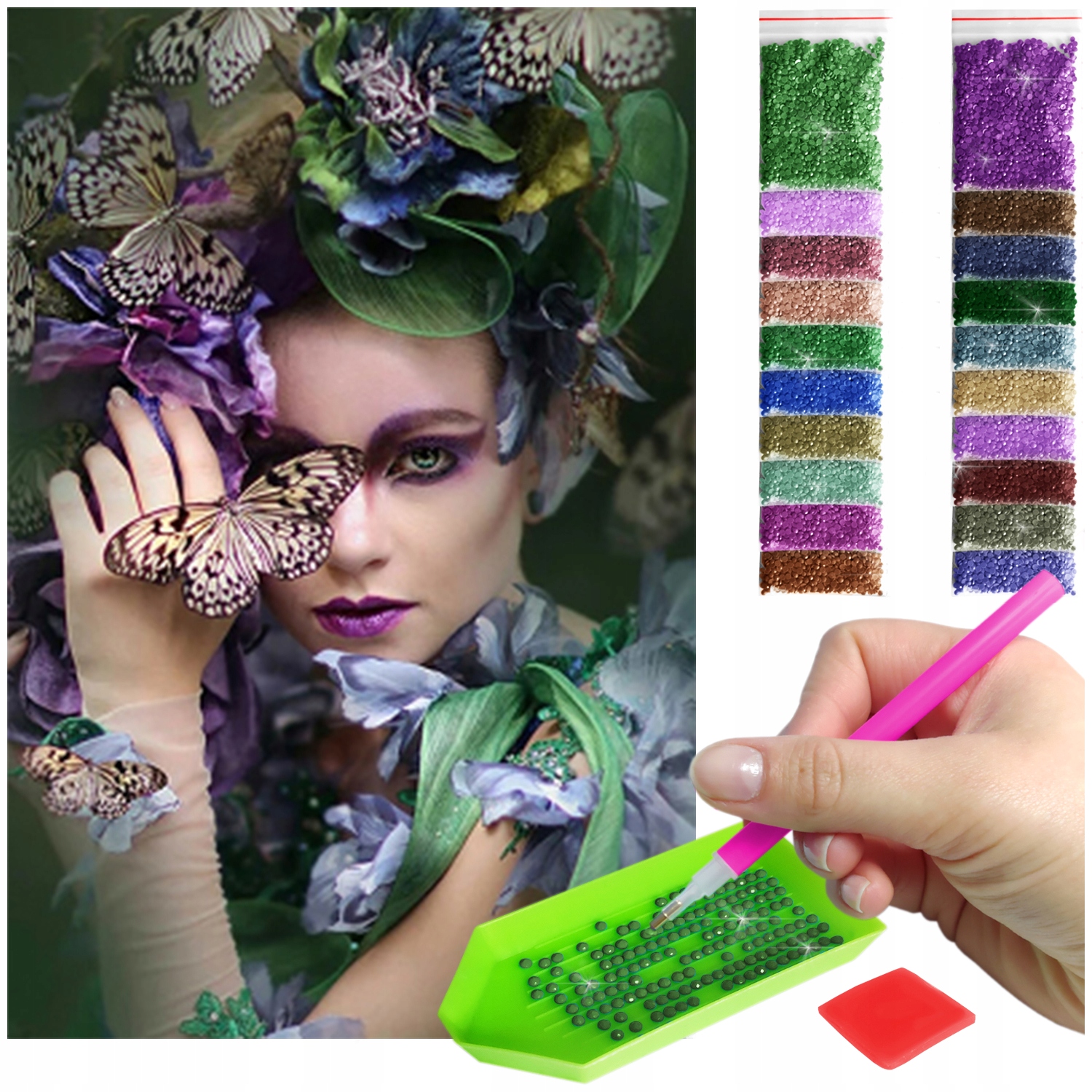 Velká výšivka diamond painting mozaika žena motýl portrét 60x40cm