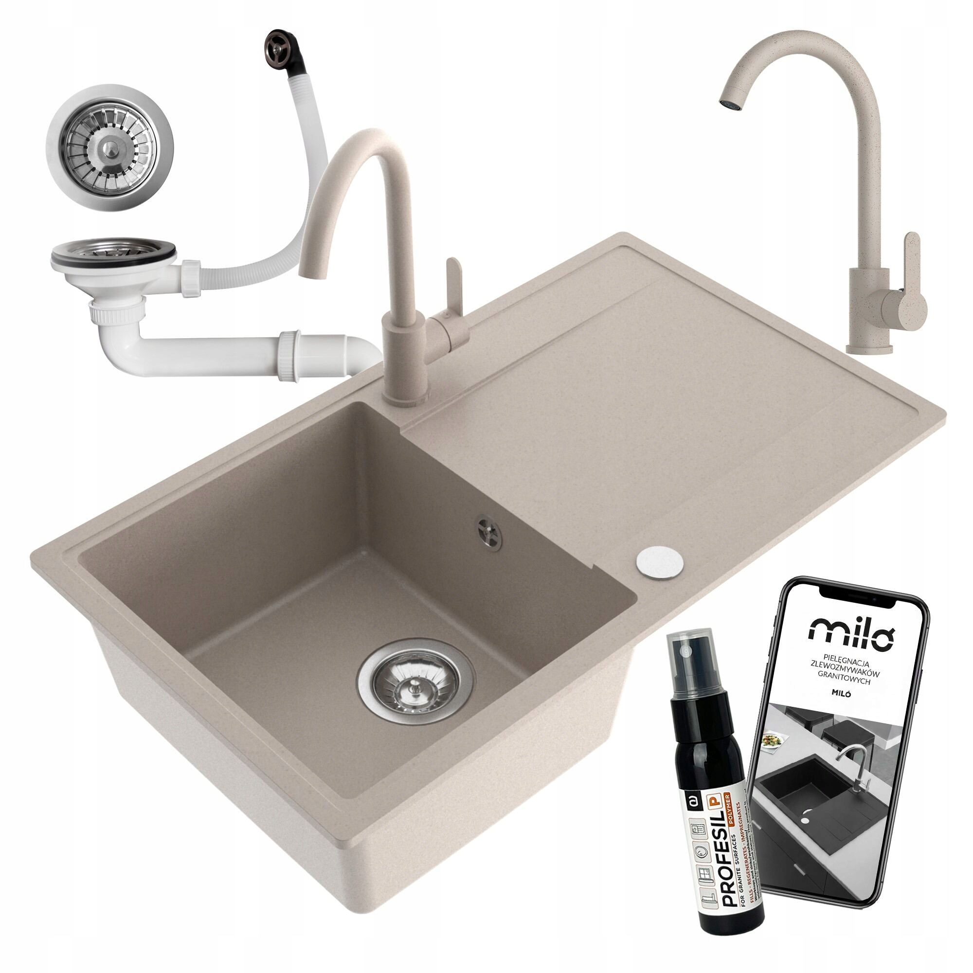Granitový Drez Jednokomorový Miló Puro Sada Sifón Batéria