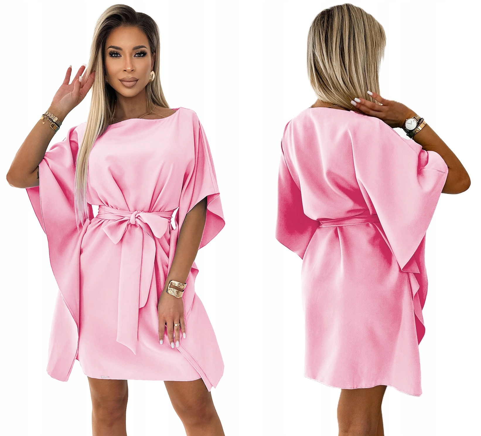 Volné Zavazovací Šaty Motýl Asymetrické Rukávy Pastelově Růžová S/m