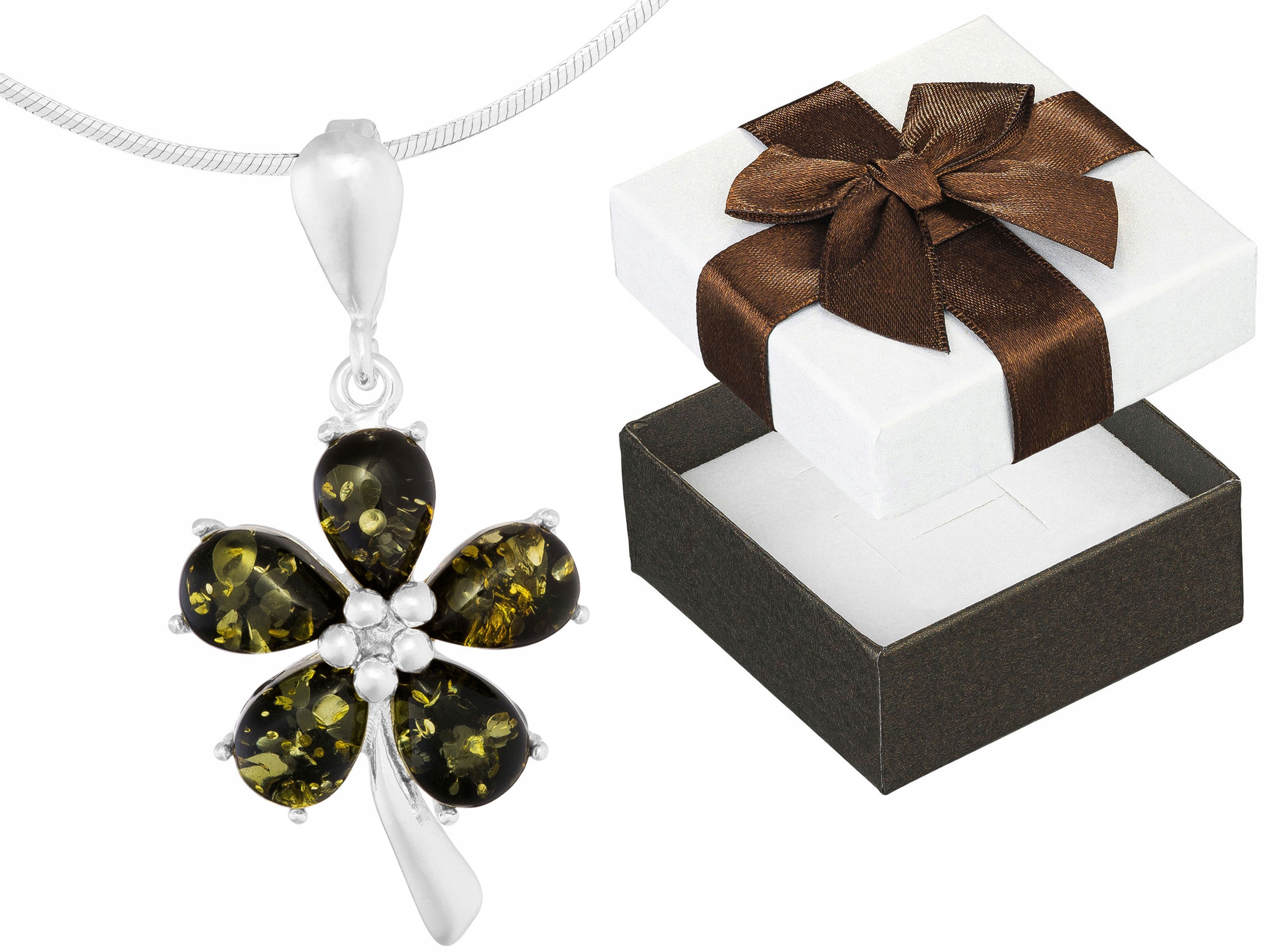 Krátký stříbrný náhrdelník Květina se zeleným jantarem Květina Jantar 42 cm