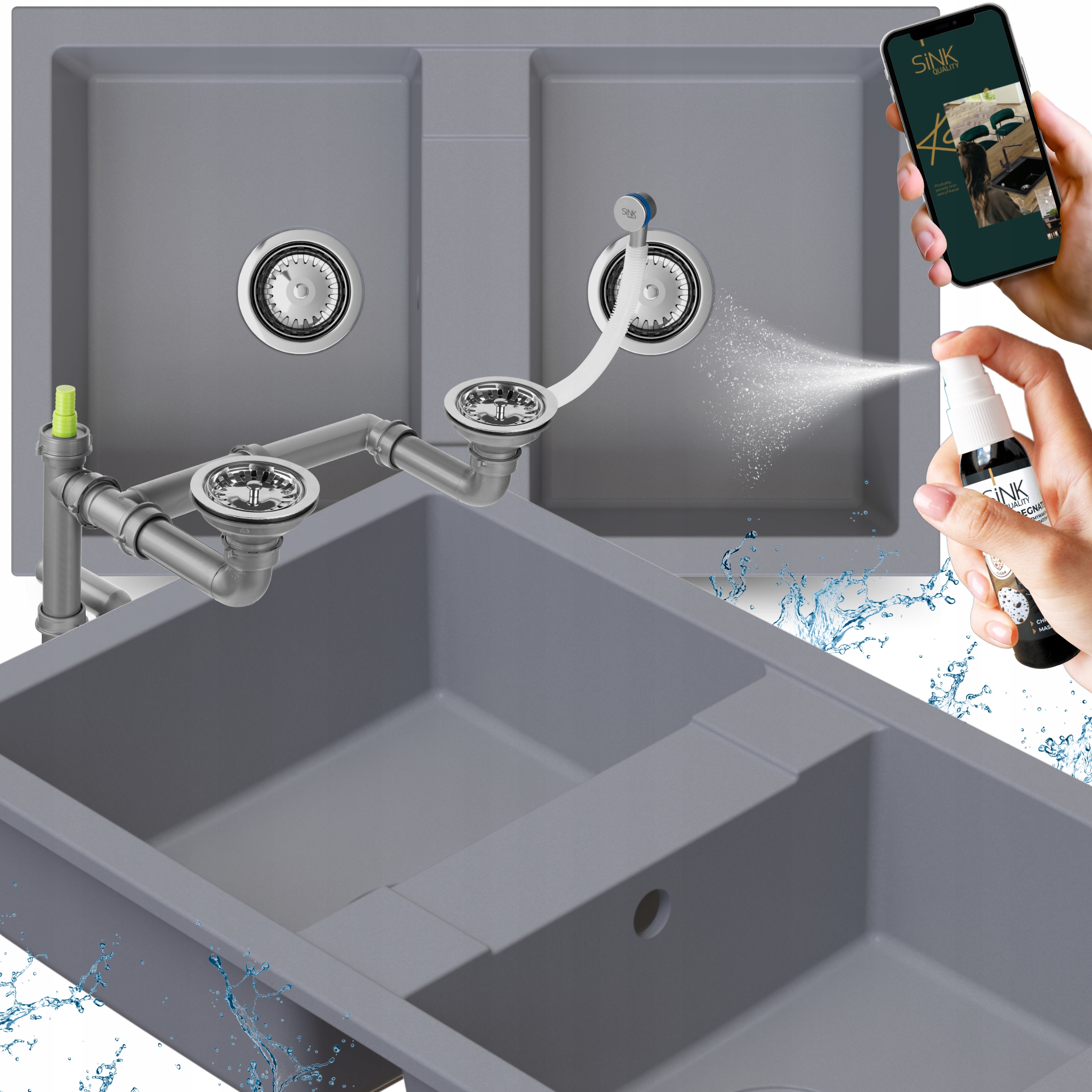 Dvoukomorový Granitový dřez šedý, zapuštěný s sifonem+IMPREGNAT