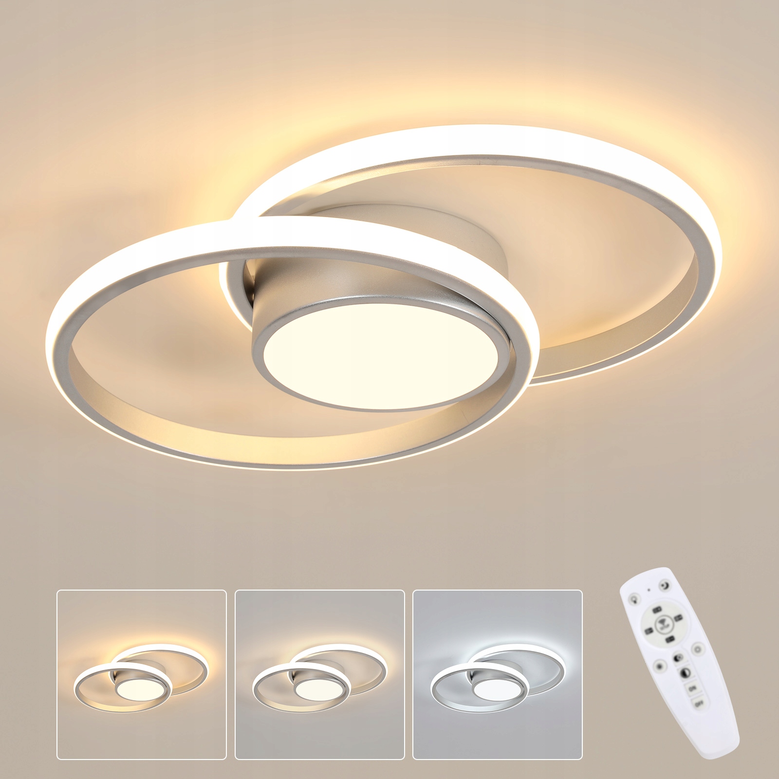 Lampa Sufitowa Led Wiszaca Srebro Nowoczesna Ściemnialna Z Piloty 40W