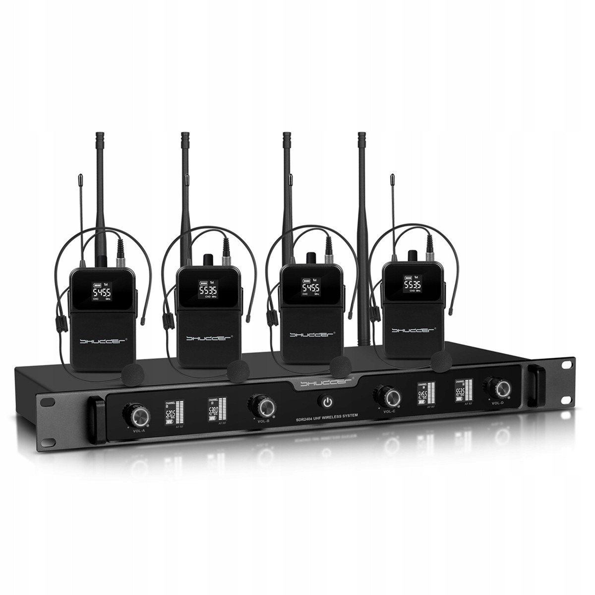 Bezdrátové mikrofony Shudder 4 náhlavní mikrofony s mikroportem 120 kanálů