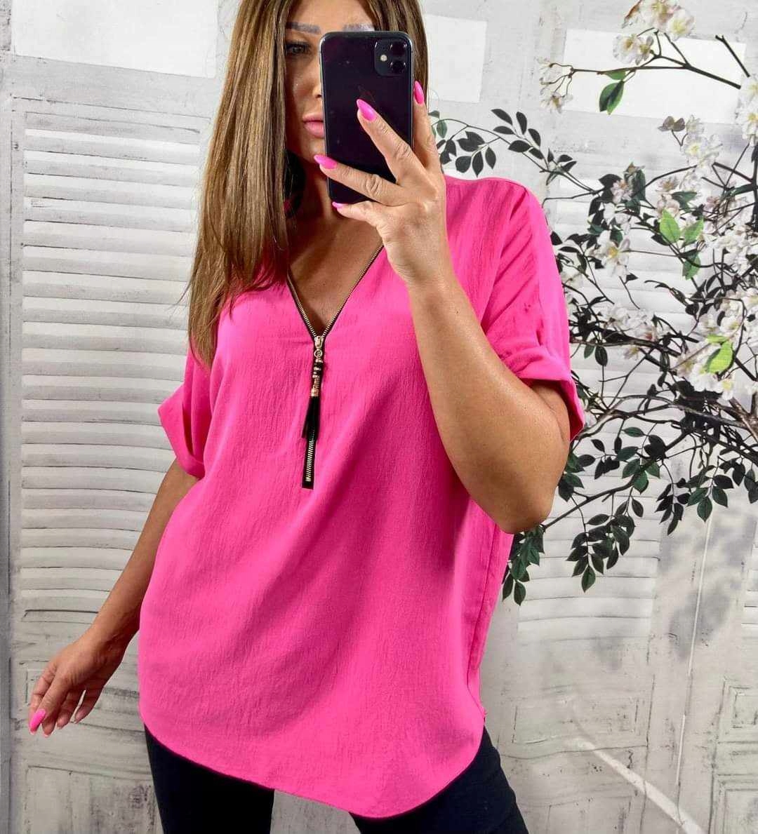 B1028 BLUZKA GŁADKA W SEREK ZIP KRÓTKI RĘKAW FUKSJA r. 52 (6XL) Marka Genesy