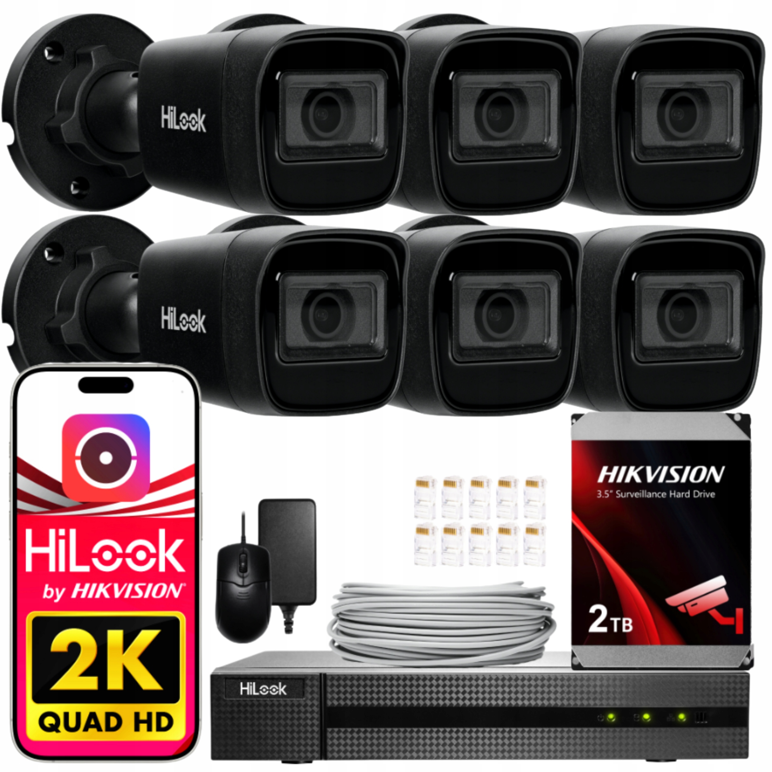 Zestaw Monitoringu 6 Kamer IPC-B141H-C Black 4MPx IP67 HiLook by Hikvision