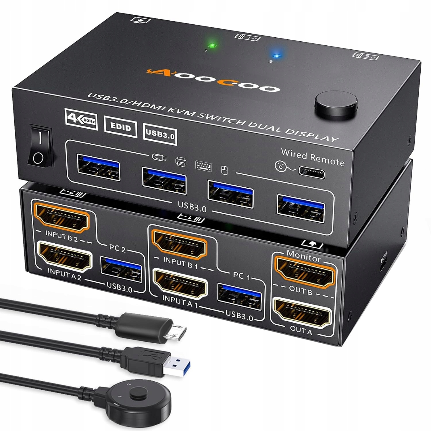 Kontroler KVM KCEVE KC-KVM202AS na 2 komputery, 4xUSB 3.0, 4K@60Hz 2K@144Hz