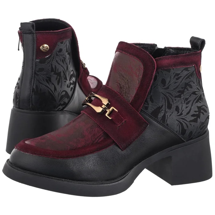 Dámské kožené Kotníkové Boty na podpatku Maciejka Bordové/Černé 07139
