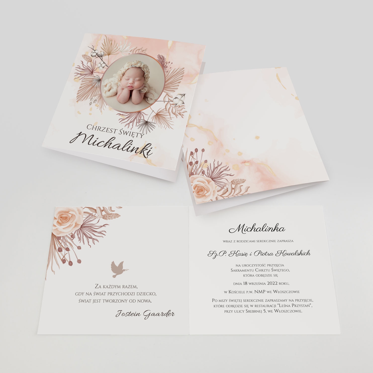 Zaproszenie Chrzest Personalizowane + zdjęcie BOHO Kolor biały