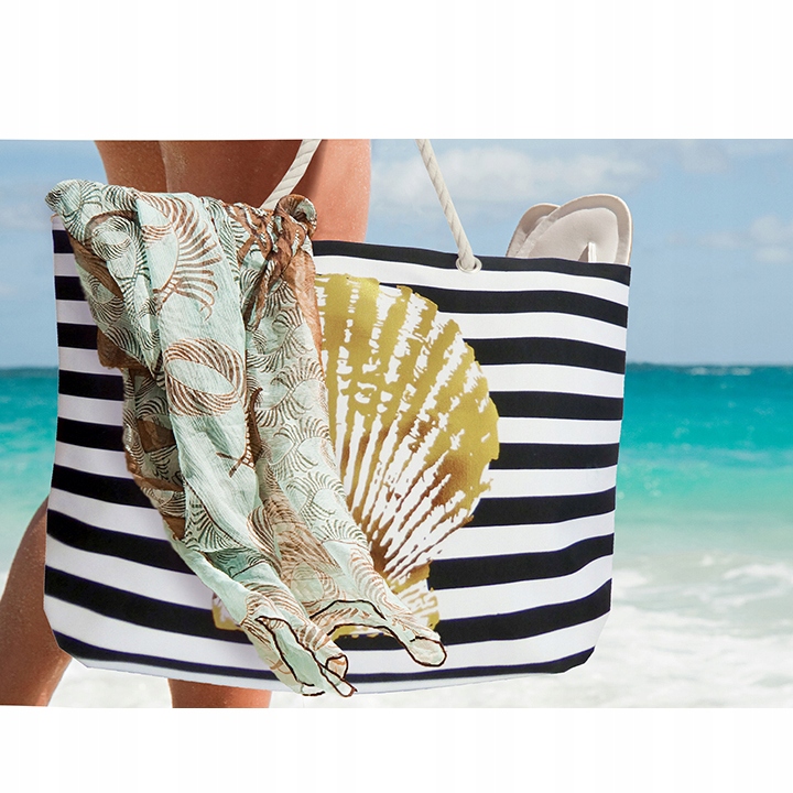 TORBA PLAŻOWA DUŻA ZAPINANA MIEJSKA W PASKI SHOPPER NA ZAKUPY PLAŻĘ PIKNIK Stan opakowania oryginalne