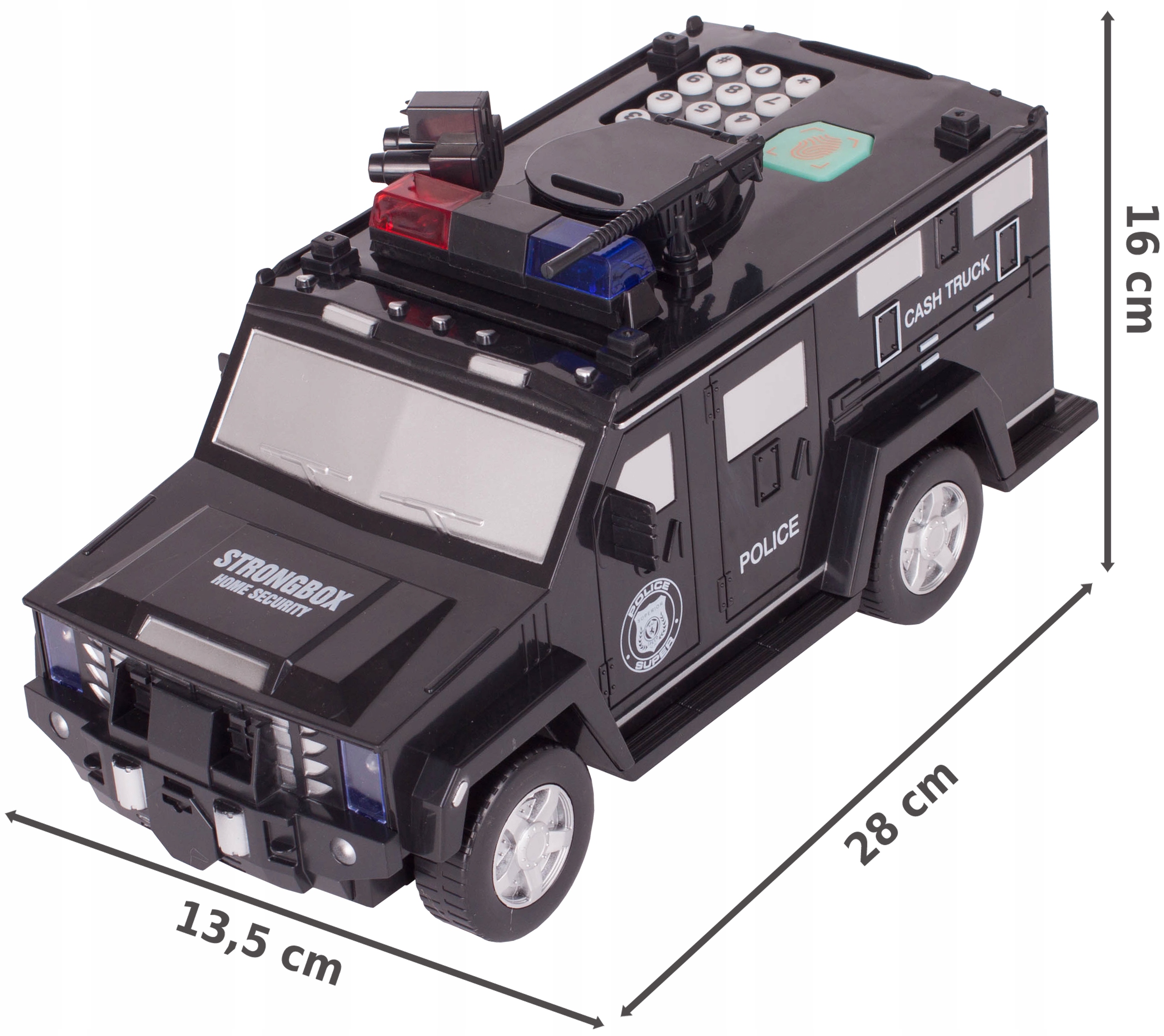 SKARBONKA WÓZ POLICYJNY BANKNOTY MONETY SEJF KOD Kolor czarny