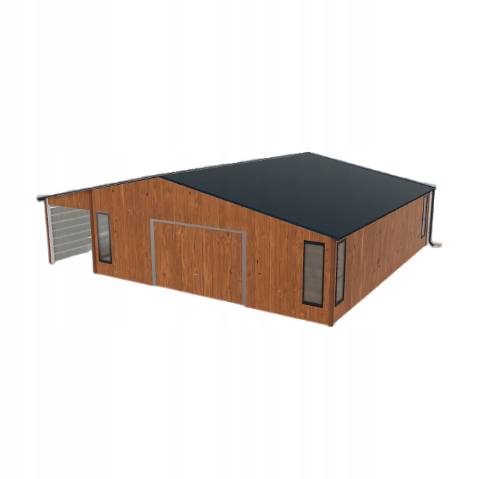Plechová garáž 7.5 x 8.5 m s přístřeškem Zlatý dub