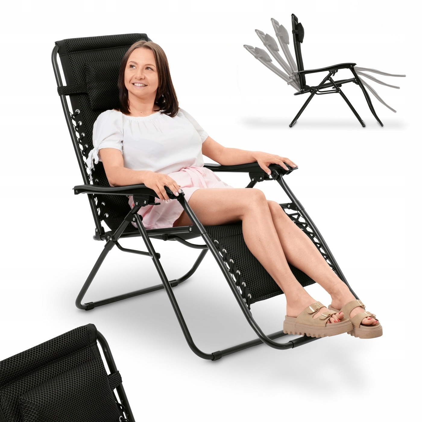 Leżak Ogrodowy Plażowy Balkonowy Grawitacyjny Fotel do Opalania Tadar Black