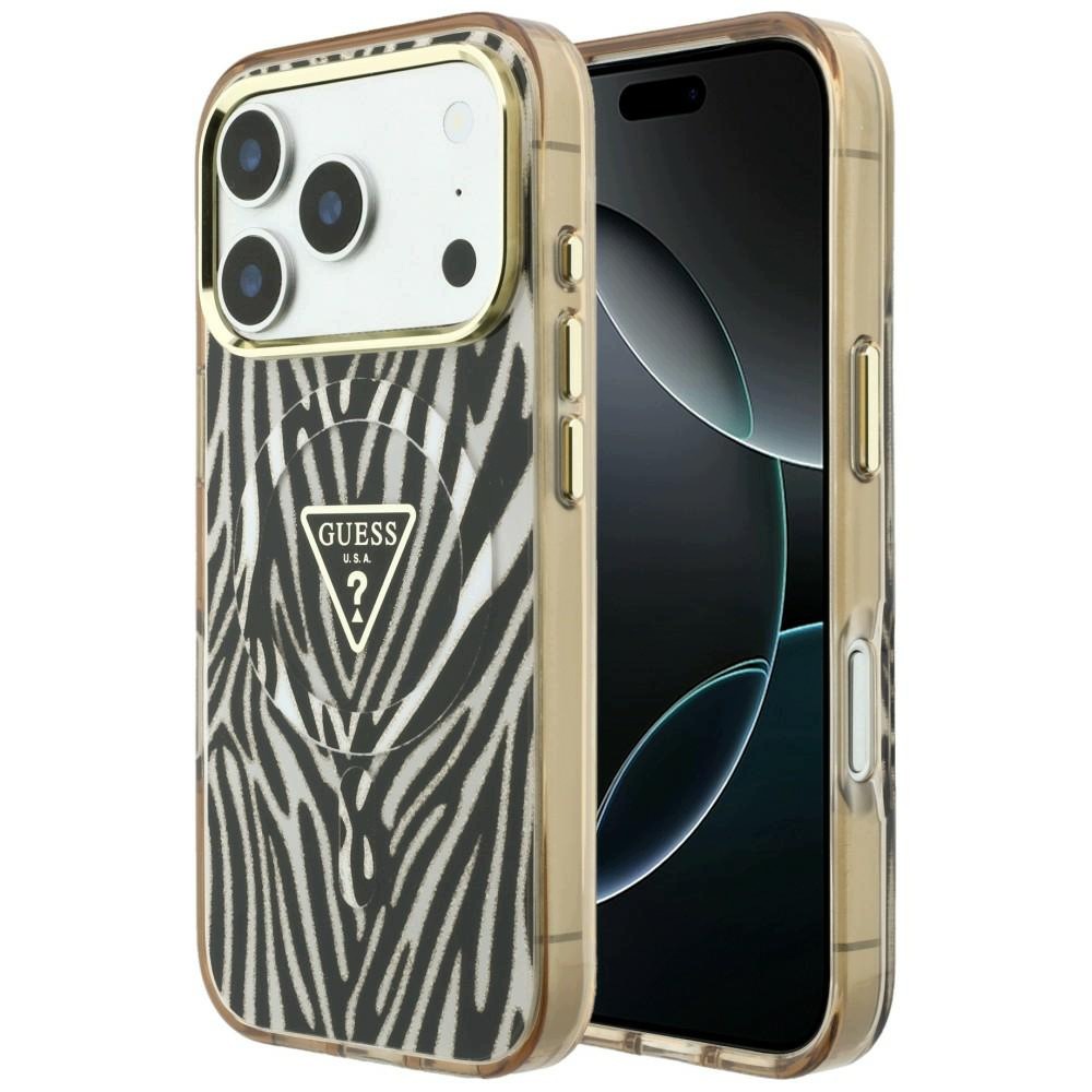 Etui Guess IML Zebra Glitter Triangle Logo MagSafe na iPhone 17 Pro Max 18
