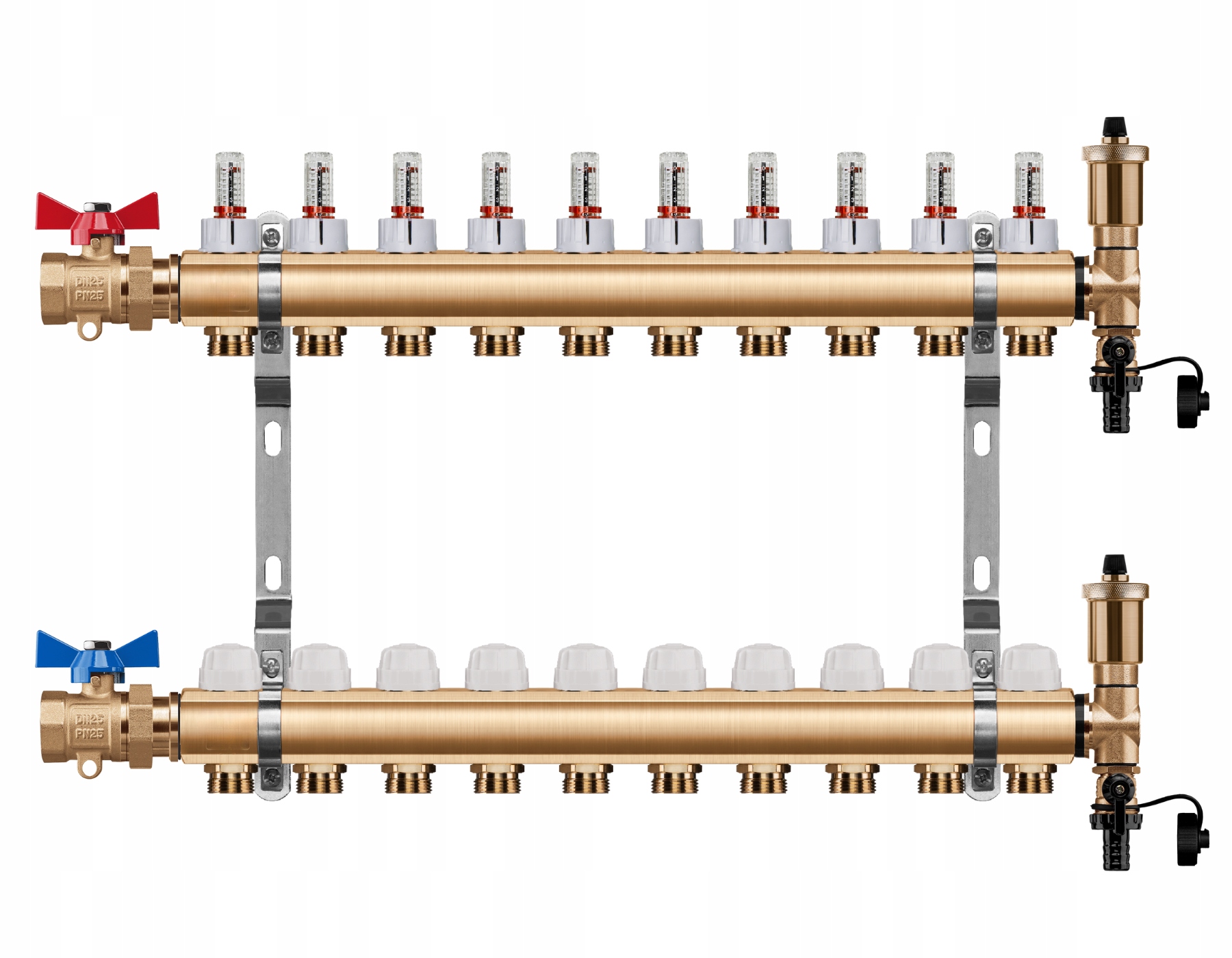 Rozdělovač Podlahového Vytápění 10 Okruhů Rovný Kulový Ventil Pex