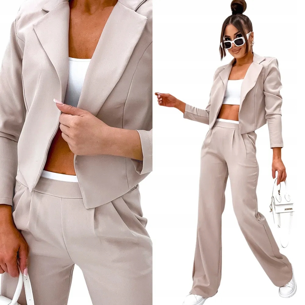 Klasický dámský oblek s krátkým sakem a kalhotami L 40 Béžová